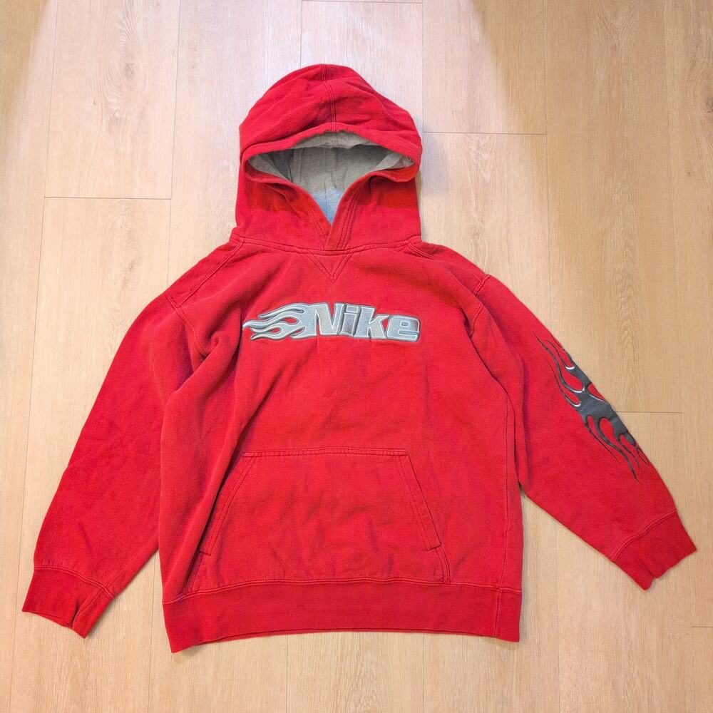 Y2K‎ Nike Kids Large (14-16) Spellout Flame Skater Grunge Hoodie Red